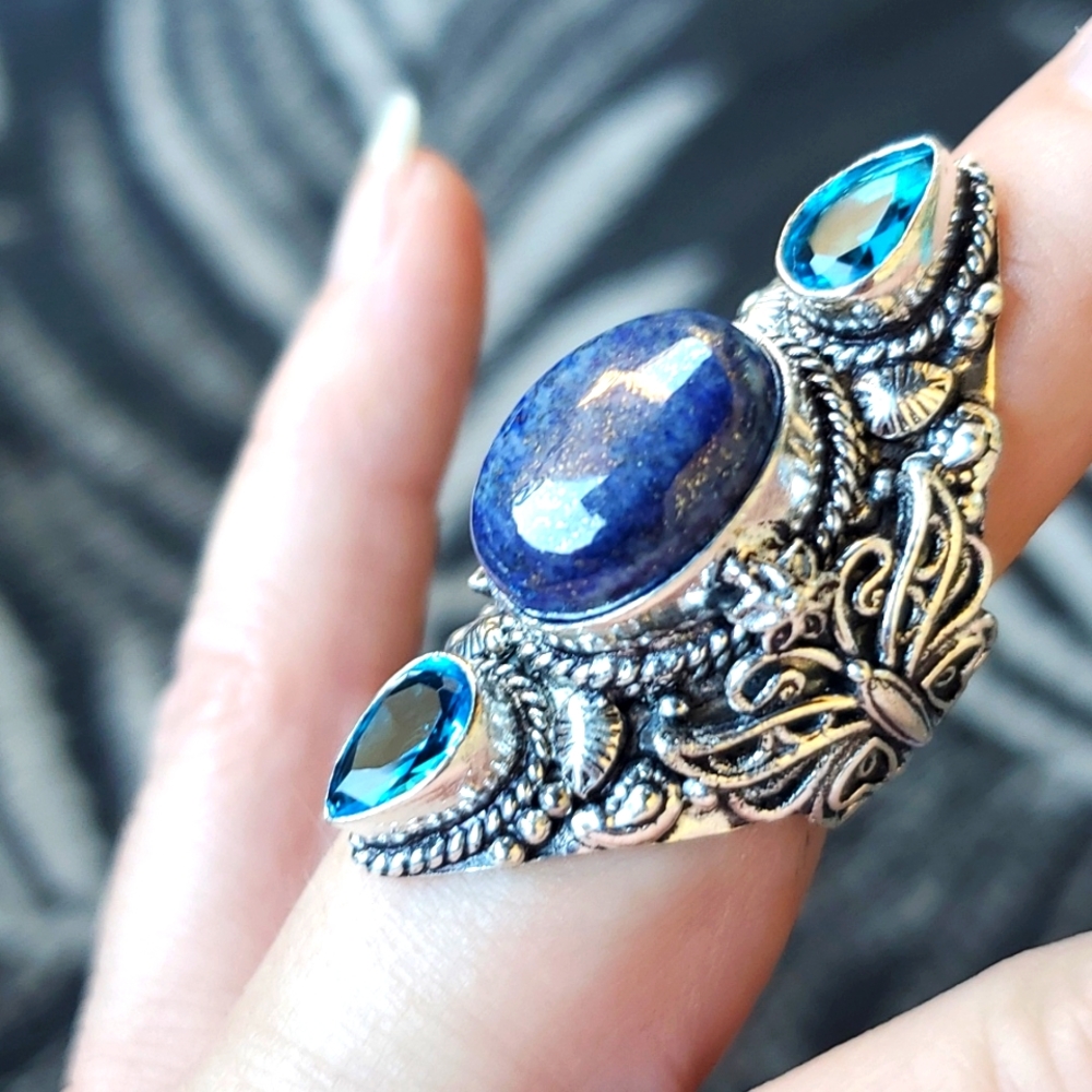 New Lapis Lazuli & Blue Topaz 925 Silver Butterflies Statement Ring.